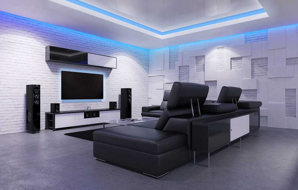 interior smart led strips lighting up a living room.